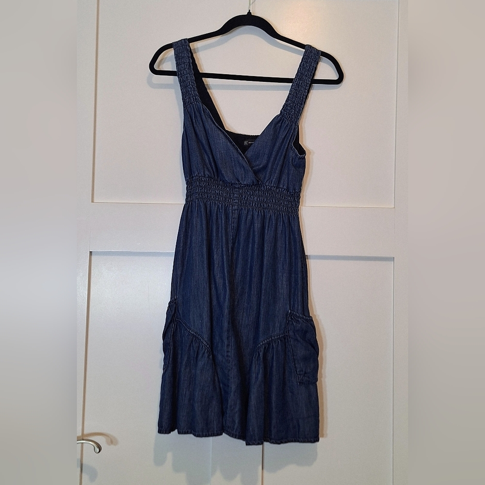 INC International Concepts Soft Chambray Denim Mini Dress Smocked Waist Size 4